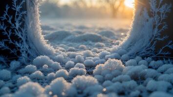 Frost Covered Ground with Sun Breaking Through the Mist photo