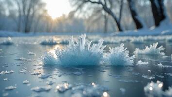 Ice Crystal Formation on Frozen Lake During Winter photo