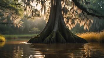 Cypress Tree in Swamp with Spanish Moss photo