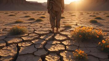 Person Standing on Cracked Earth in Desert Landscape at Sunset photo