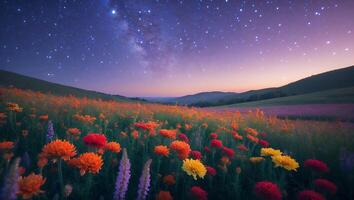 Flower Field at Night with Starry Sky and Mountains photo