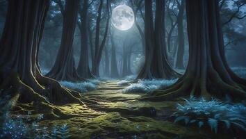 Forest Path Illuminated by Moon in Fantasy Landscape photo