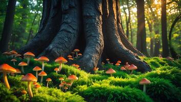 Mushroom Beneath a Tree in a Green Forest photo