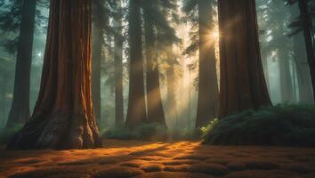 Sunlit Sequoia Forest with Fog and Mossy Ground photo