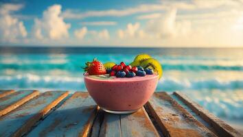 Smoothie Bowl with Fruit on Ocean Beach photo