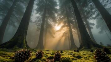 Foggy Forest with Pine Cones and Sunlight photo