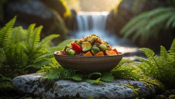 Grain Bowl with Vegetables in Nature Setting photo