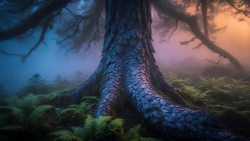 Tree in Foggy Forest Scene photo