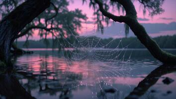 Spiderweb at Dusk Over Water photo