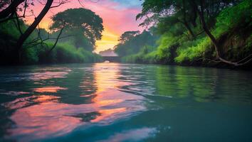 A river with water flowing through it at sunset photo