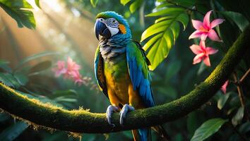 Blue and Gold Macaw in Tropical Rainforest Perched on Branch photo