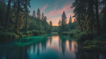 River Flowing Through a Forest During a Colorful Sunset photo