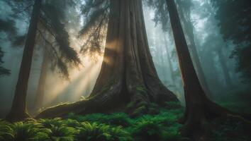 Sunlit Giant Sequoia Tree Surrounded by Green Ferns in Misty Forest photo