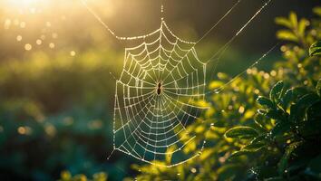 Spider Web with Dew Drops in Morning Light photo