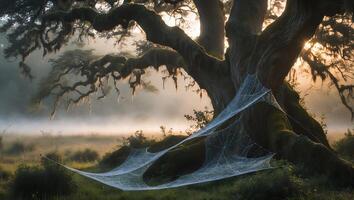 Large Tree with Cobweb in Foggy Field Landscape photo