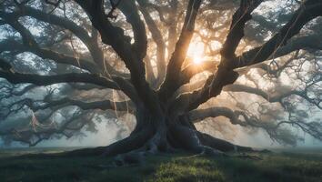 Large Tree with Sunlight in Misty Landscape photo