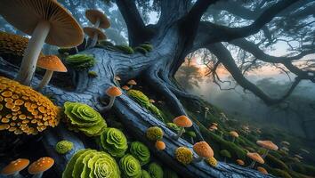 Mushroom and Tree in Forest Landscape photo
