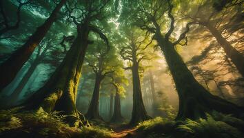 Forest with Tall Trees and Foggy Path photo