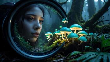 Girl Looking at Glowing Mushroom in Forest Through Camera Lens photo