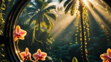 Lush Tropical Forest with Sunlight and Orchids in Window View photo