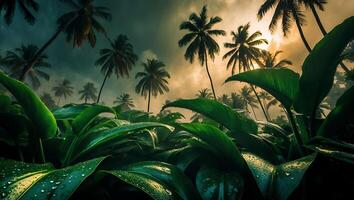 Lush Tropical Landscape with Palm Trees and Dewy Leaves photo