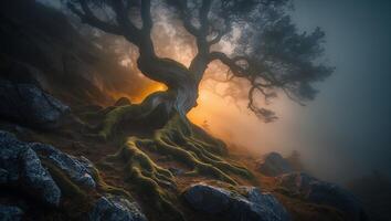 Twisted Tree on Hillside in Fog photo