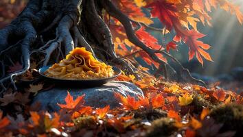 Autumn Pasta Dish by Tree Roots with Red Leaves photo