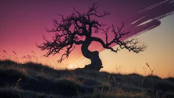 Silhouette of a Twisted Tree Against Sunset Landscape photo