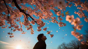 Man Looking at Cherry Blossom Tree in Bloom photo
