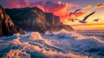 Coastal Scene with Cliffs Waves and Seagulls at Sunset photo