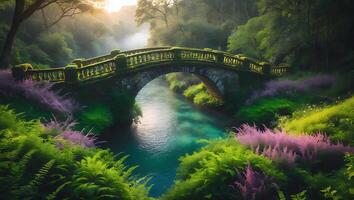 Stone Bridge Over River in Forest Landscape photo