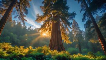Giant Sequoia Tree in Forest with Sun Rays photo