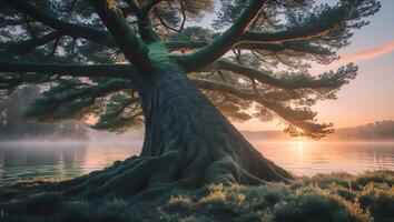 Lone Tree on Lake at Sunrise photo