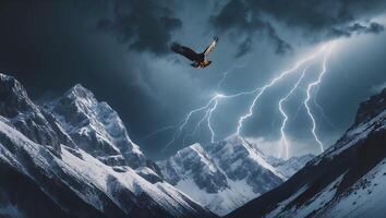 Eagle Flies Over Snowy Mountains During a Lightning Storm photo