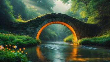 Stone Bridge Over River in Forest with Sun Rays photo