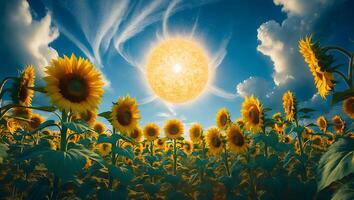 Sunflower field with sun shining in the sky photo