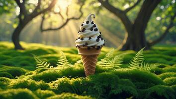 Ice Cream Cone with Chocolate Chips in a Lush Green Forest photo