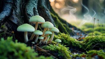 Green Mushroom Near Tree Trunk in Mossy Forest photo