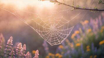 Spider Web with Dew Drops in Flower Garden photo
