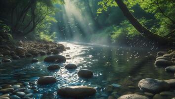 un río corriendo mediante un bosque con rocas y arboles foto
