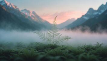 Fern on Mountain with Fog Landscape Background photo