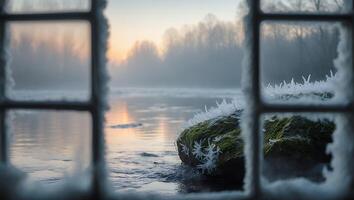 Frozen Window View of River Landscape in Winter photo