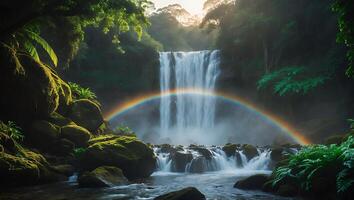 Waterfall with Rainbow in Lush Green Forest Scenery photo