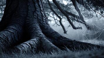 Tree Root with Spiderweb in Foggy Forest photo