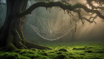 Spiderweb Hanging in Foggy Forest photo