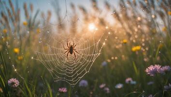 Spider in Dew Covered Web Against Sunny Meadow photo