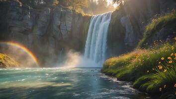 Waterfall Flows in Nature Landscape with Rainbow photo