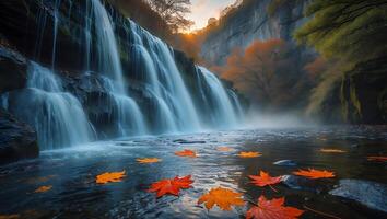 Waterfall with Autumn Leaves Scenery Background photo