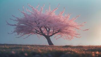 Cherry Blossom Tree in Bloom on Grassy Hill photo