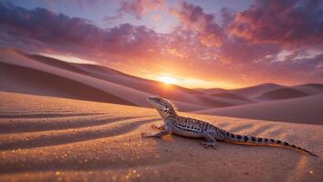 Lizard on Sand Dune at Sunset Desert Landscape photo